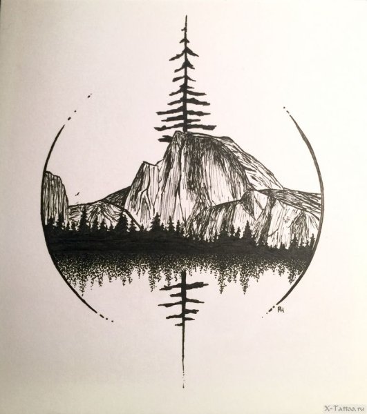 Эскиз тату горы и лес