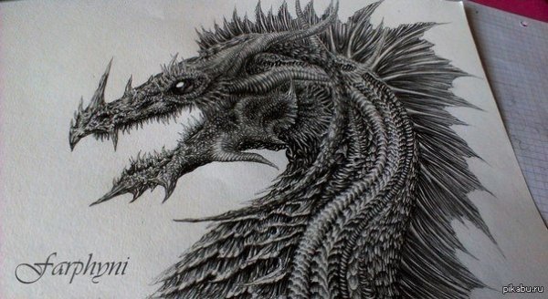 Дракон черной гелевой ручкой