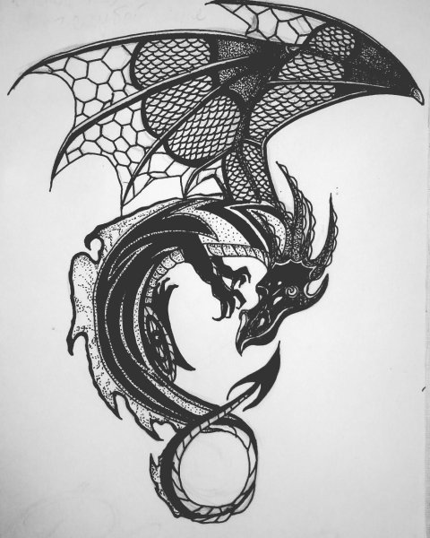 Дракон черной гелевой ручкой