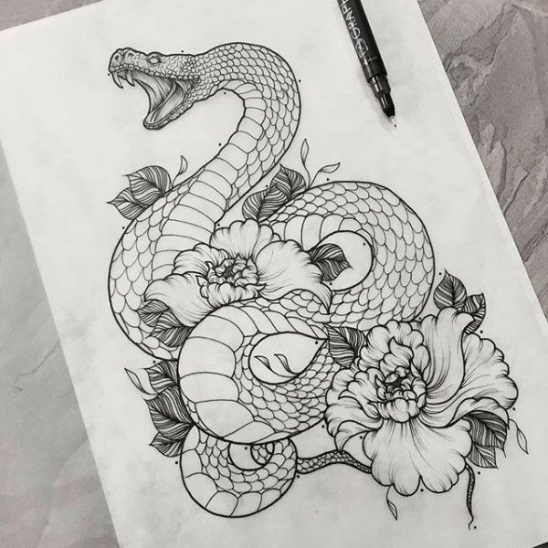 Эскиз тату змея с цветами