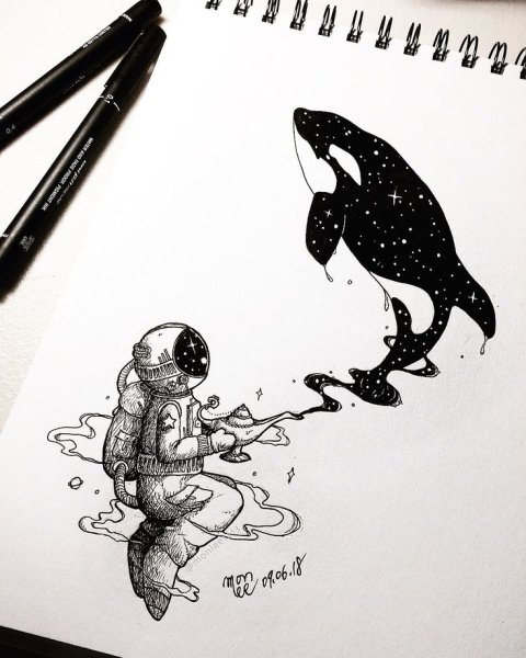 Кит черной гелевой ручкой