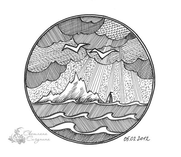 Пейзажи гелевой ручкой в круге