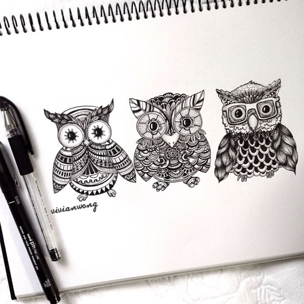 Сова гелевой ручкой