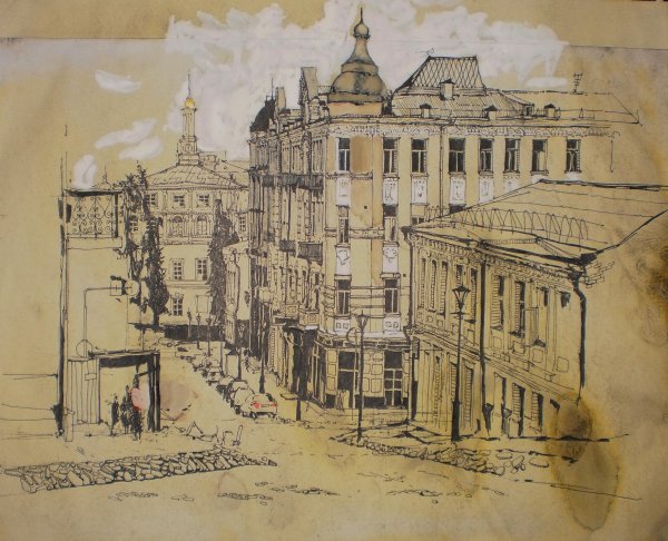 Архитектурные зарисовки на тонированной бумаге