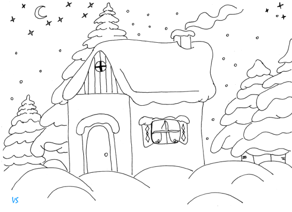 Раскраска зимняя избушка для детей