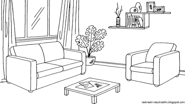 Рисунок детской комнаты с мебелью карандашом