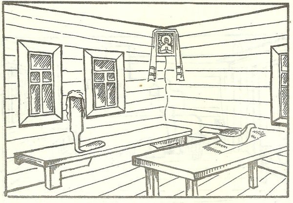 Эскиз интерьера русской избы