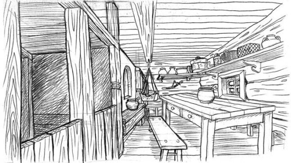 Эскиз внутреннего убранства русской избы