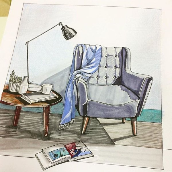 Наброски фигуры человека в интерьере