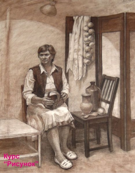 Зарисовка человека в интерьере в карандаше