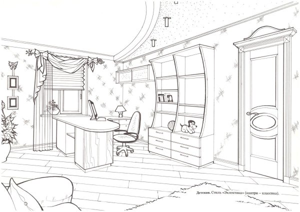Эскиз интерьера детской комнаты