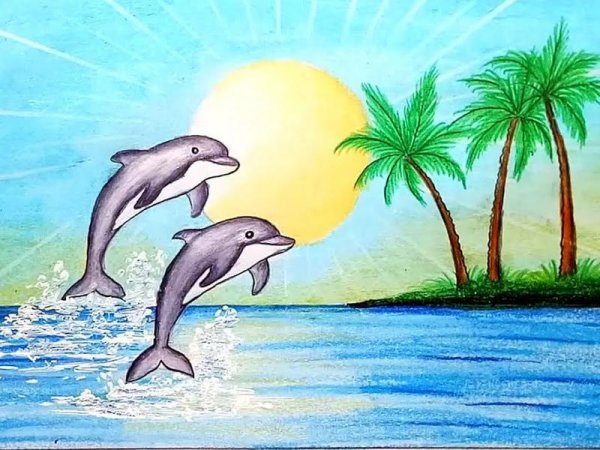 Морской пейзаж с дельфинами