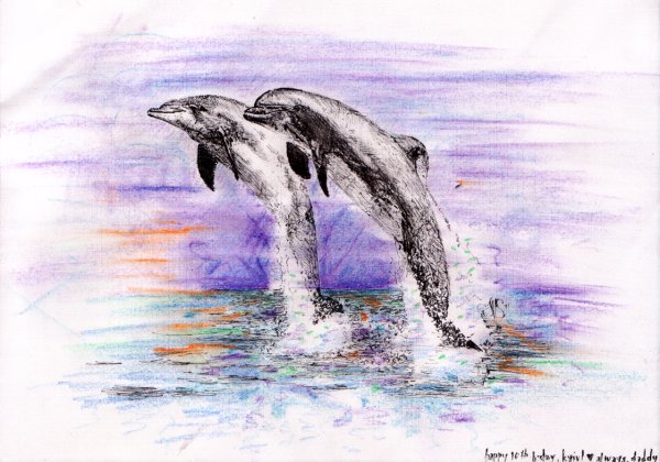 Дельфины в море карандашом