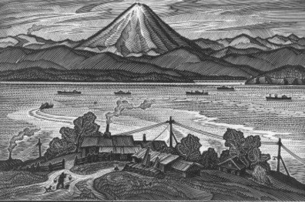 Гравюра три вулкана Камчатка