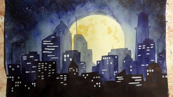 Ночной город гуашью