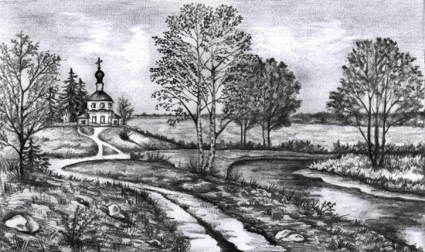 Пейзаж с храмом Графика