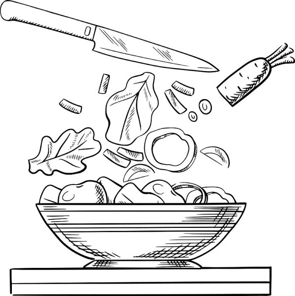 Раскраска овощной салат в тарелке