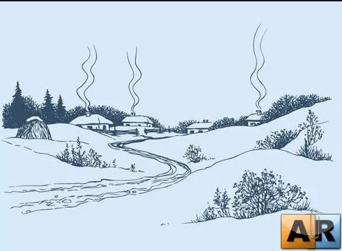 Зимний пейзаж простым карандашом