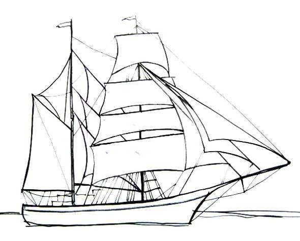 Парусник в море карандашом