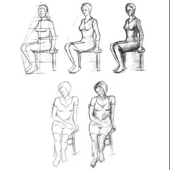 Поэтапное рисование сидящего человека на стуле