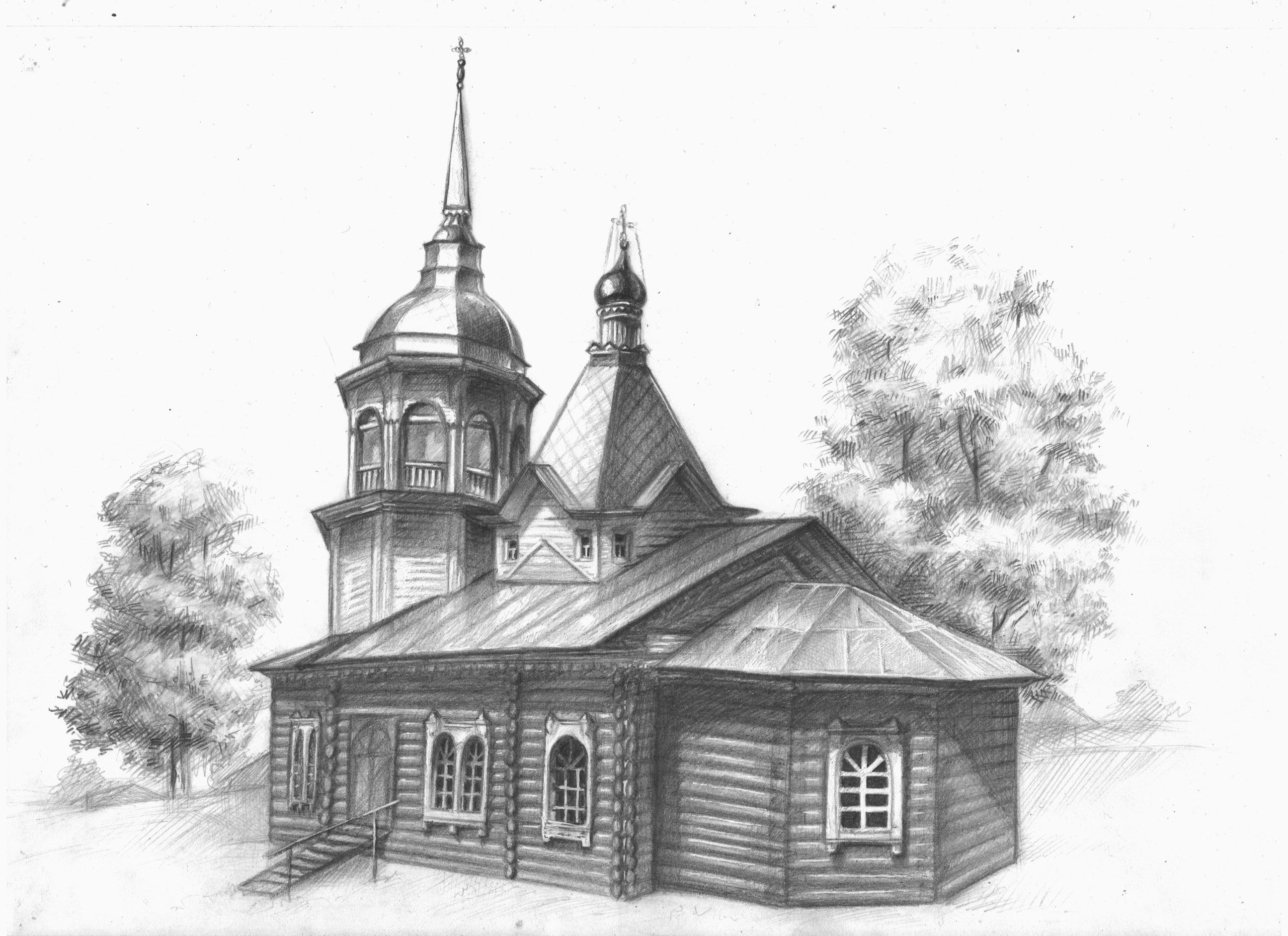 Церковь в графике деревянная
