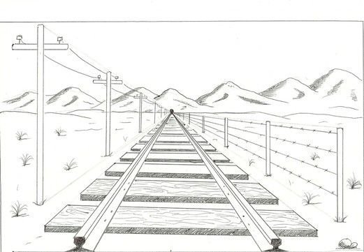 Линейная перспектива (дорога, столбы, дома), карандаш