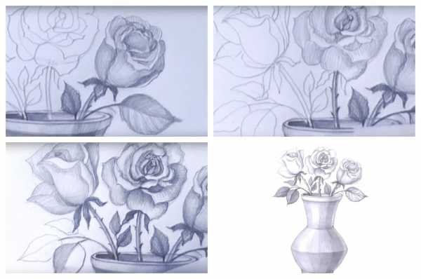Поэтапное рисование розы в вазе