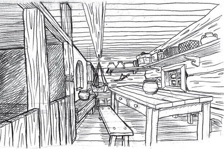 Русская изба внутри раскраска