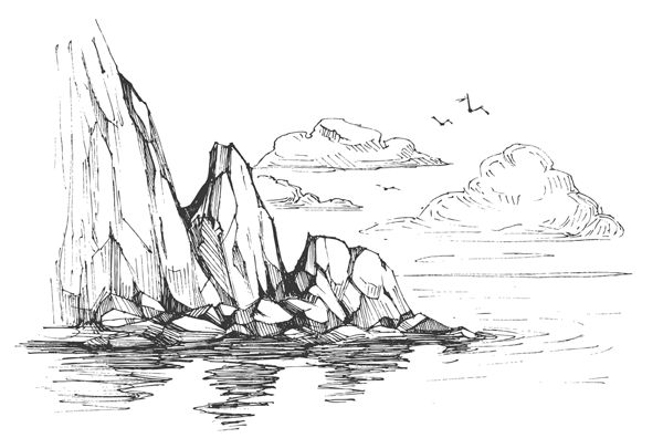 Скалы и море карандашом