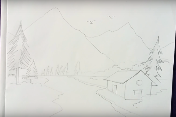 Домик в лесу карандашом