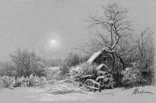 Гризайль пейзаж деревня