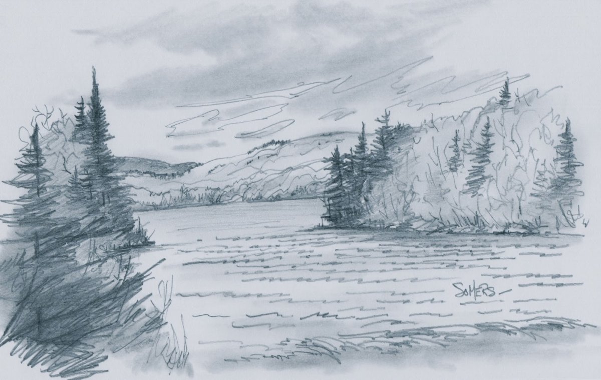 Рисунок карандашом горы и озеро