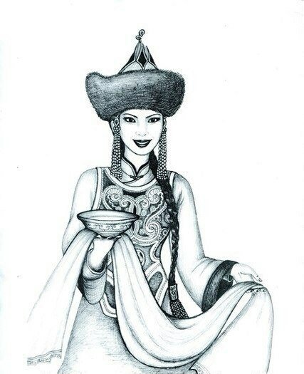 Бурятская девушка в национальном костюме рисунок