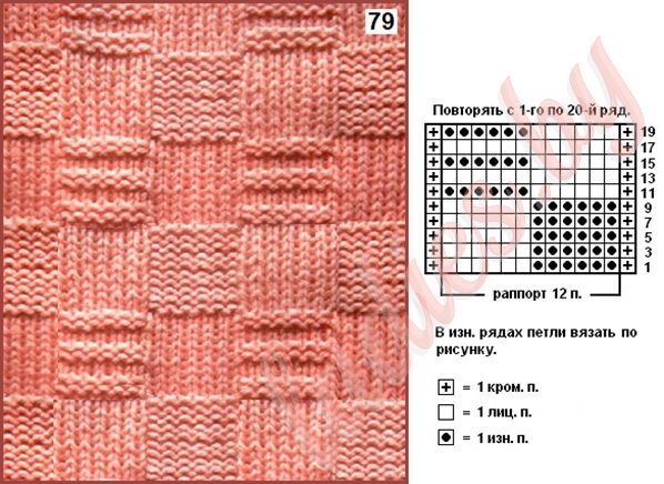 Узор спицами квадратики лицевой и изнаночной