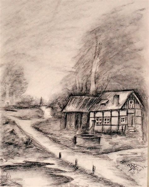 Наброски углем пейзаж