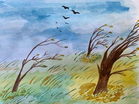 Осеннее дерево под ветром и дождем