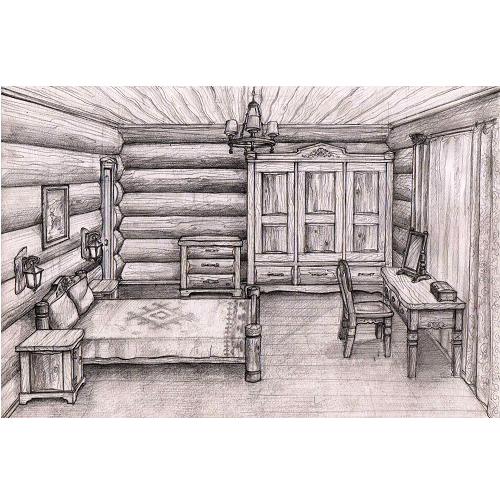 Эскиз интерьера русской избы