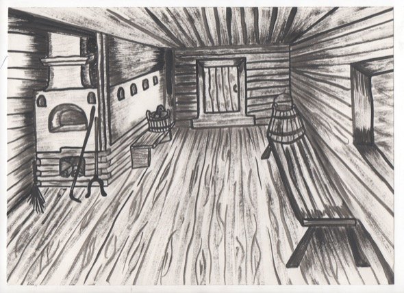 Интерьер русской избы карандашом