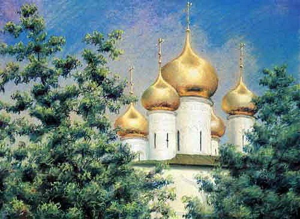 Церковь с золотыми куполами живопись