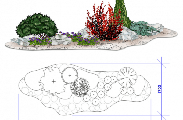 Композиция со скамейкой в саду