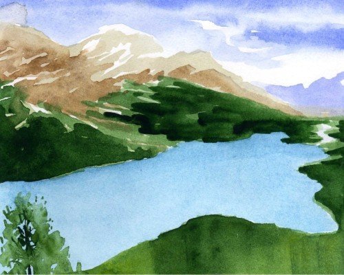 Зелёные горы гуашью