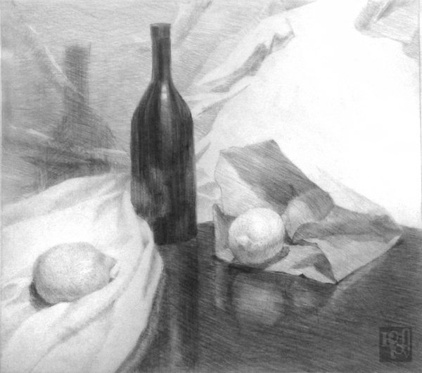 Натюрморт с бутылкой карандашом