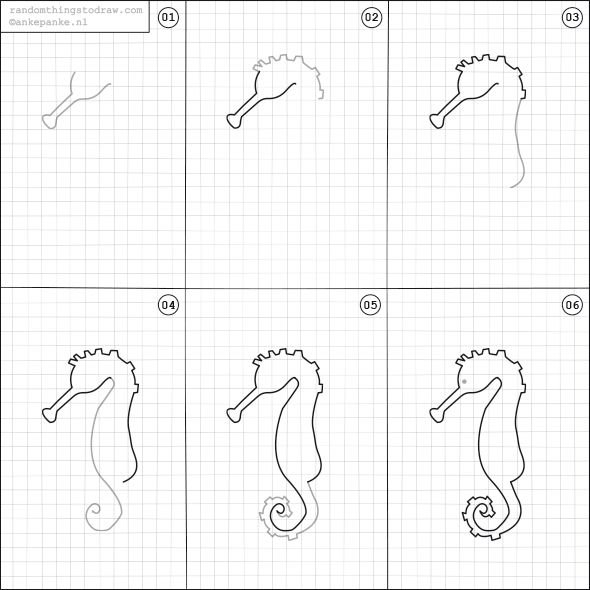 Поэтапное рисование морского конька