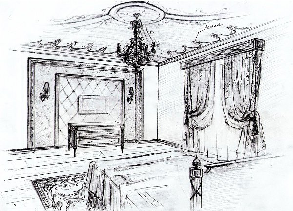 Интерьер дворянской усадьбы карандашом
