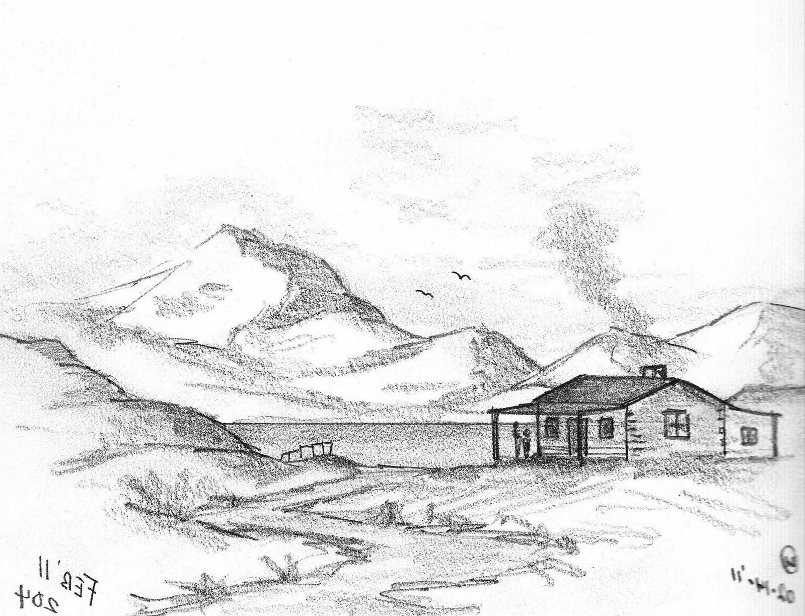 Домик в горах рисунок карандашом
