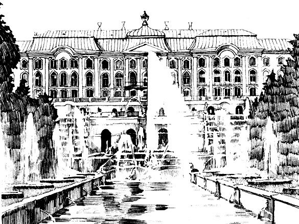 Сад с фонтаном рисунок