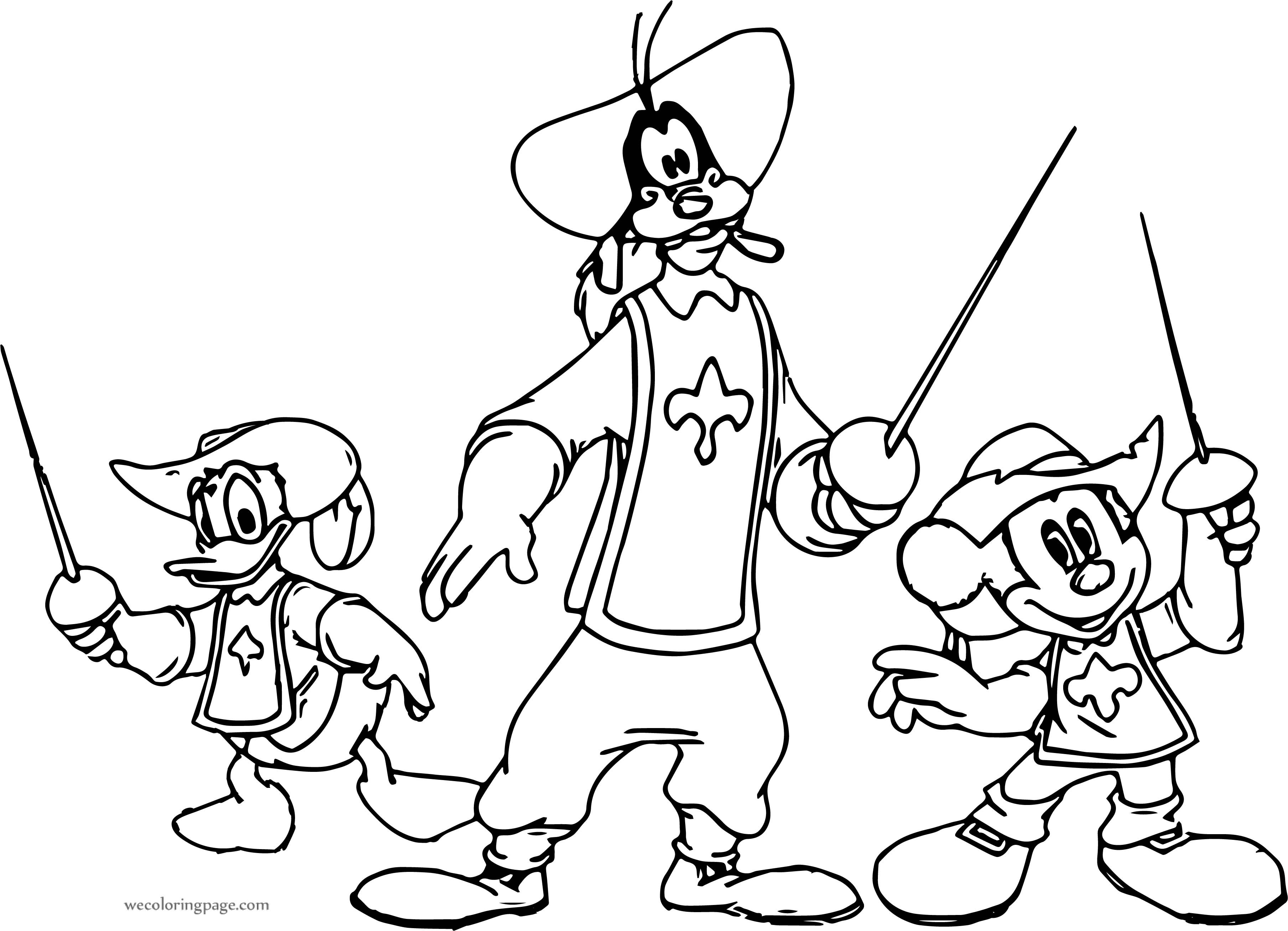Раскраска три мушкетера Микки Дональд Гуфи