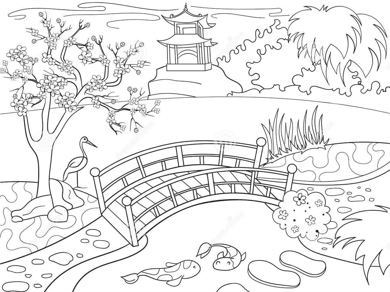 Японский пейзаж раскраска для детей
