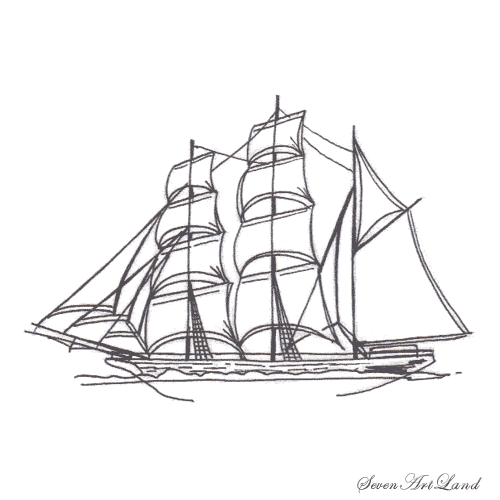 Корабль с парусами карандашом