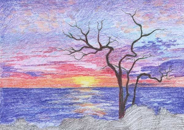 Пейзаж цветными карандашами